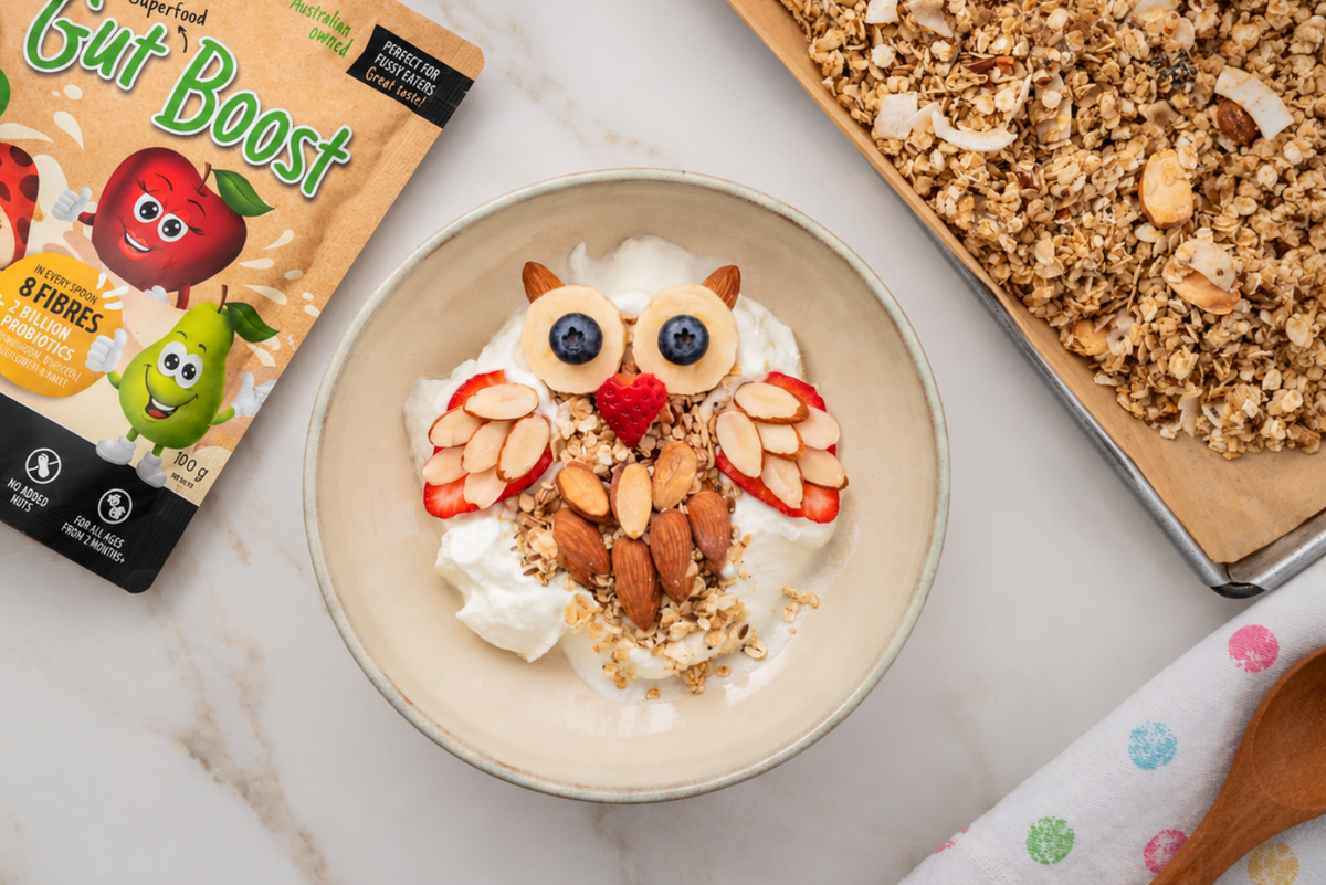 Protein powder yoghurt bowl with berries, granola and almonds