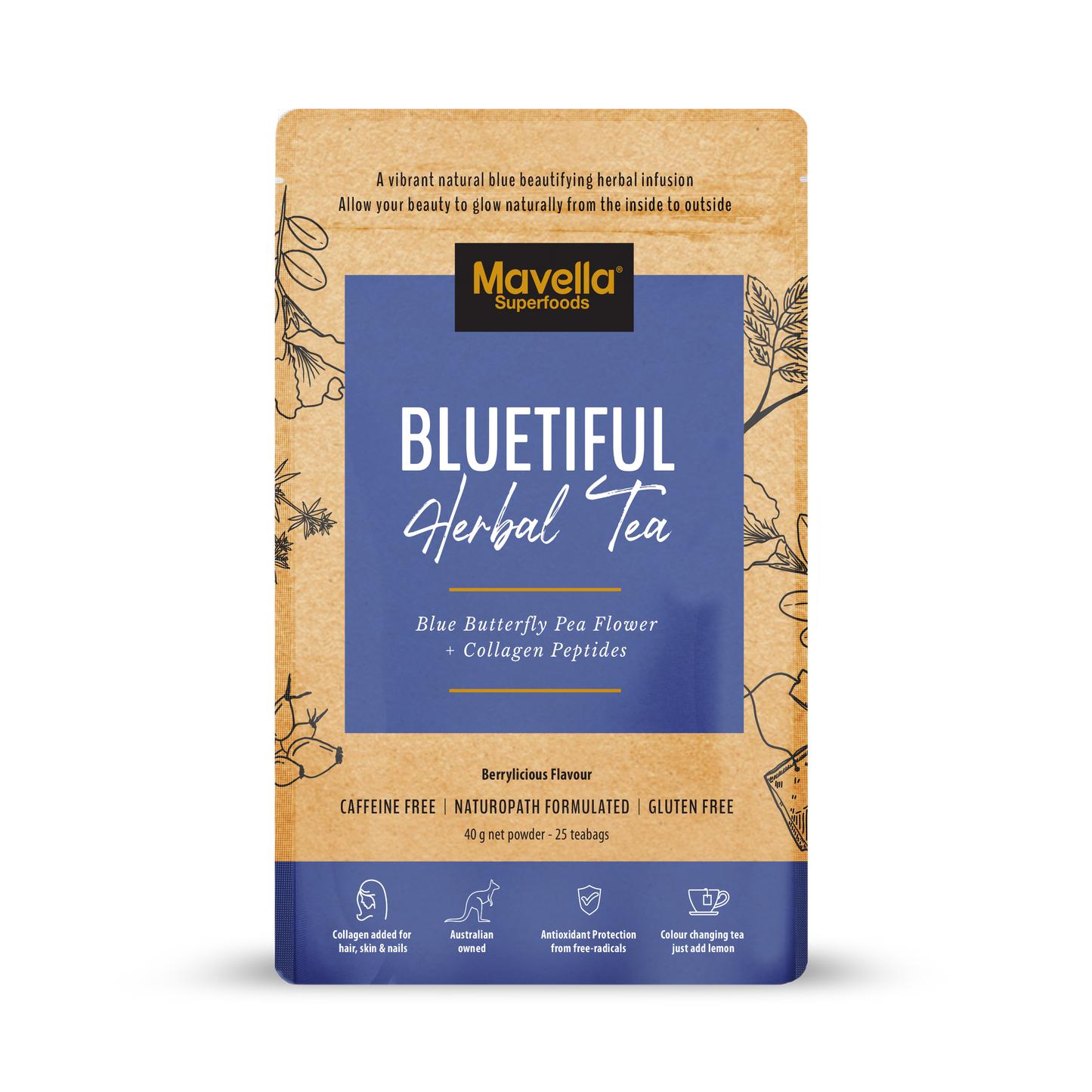 Bluetiful Tea - 25 teabags - blue tea with butterfly pea tea and Collagen - Mavella Superfoods